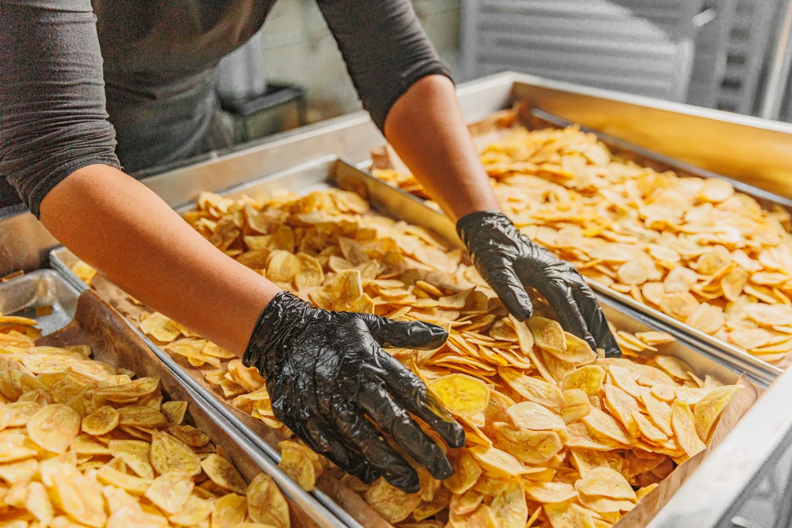 Freshly produced banana chips